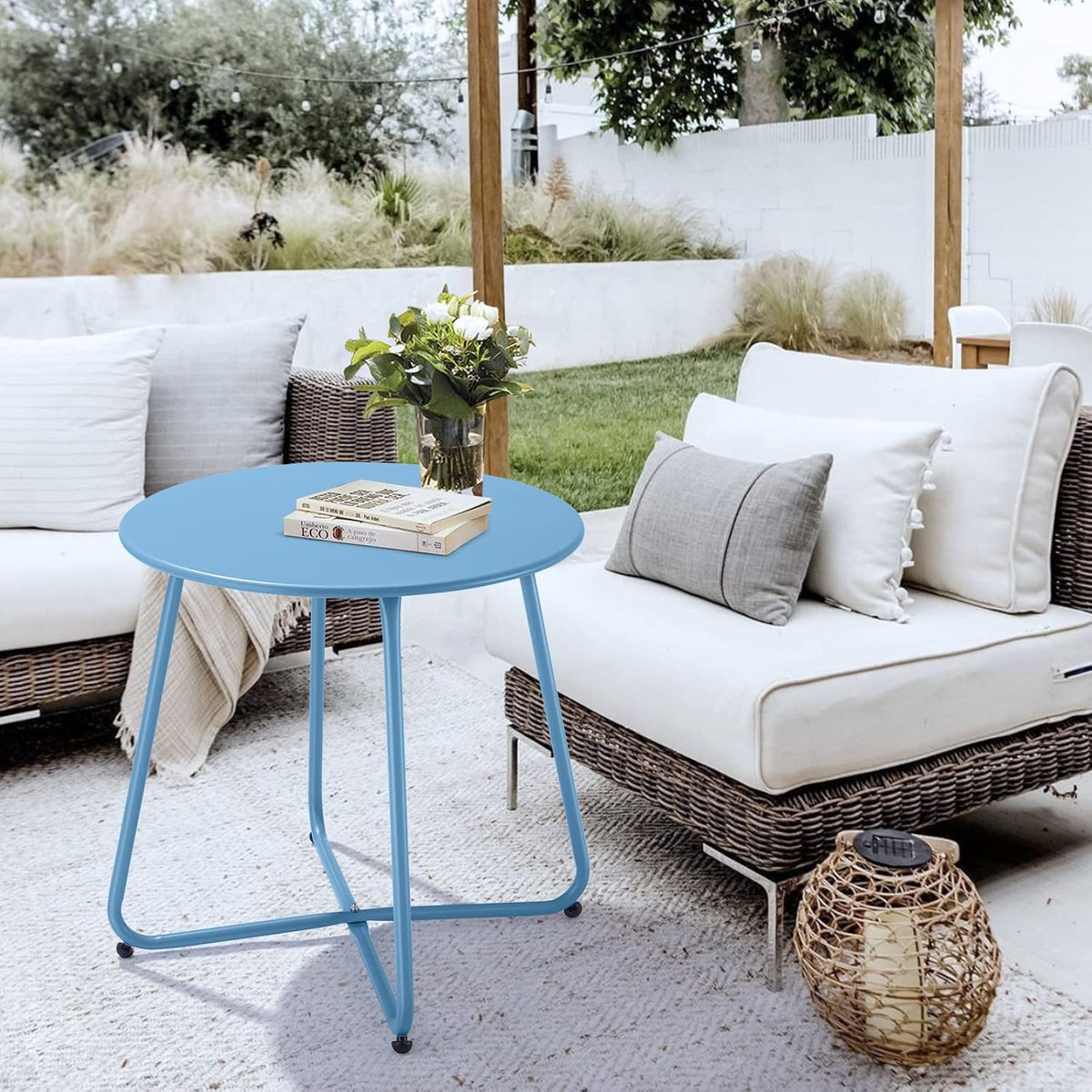 Meluvici Patio Outdoor Side Table Waterproof Round Metal Steel Small Side Table Weather Resistant Portable Outdoor and Indoor End Table for Garden Balcony Yard, Blue