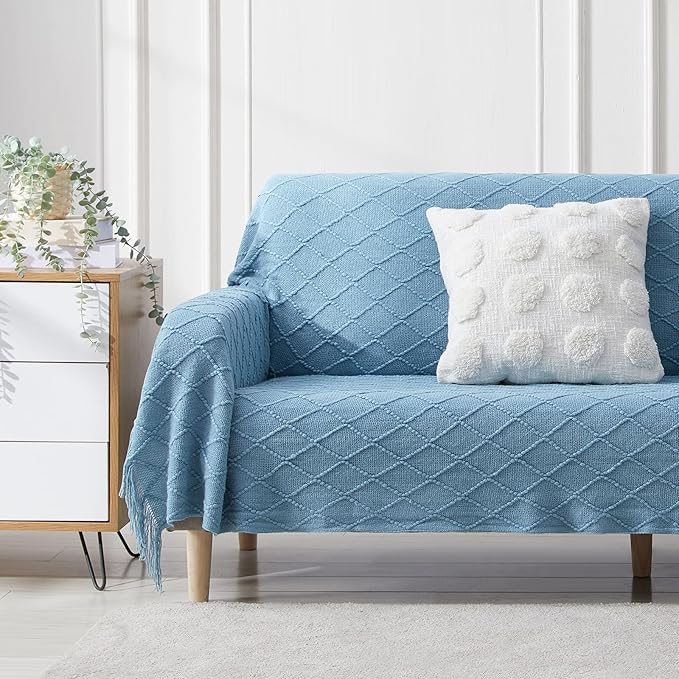 BOURINA Blue Throw Blanket 50 x90 Inches Throw Textured Solid Soft Sofa Throw - Image 2