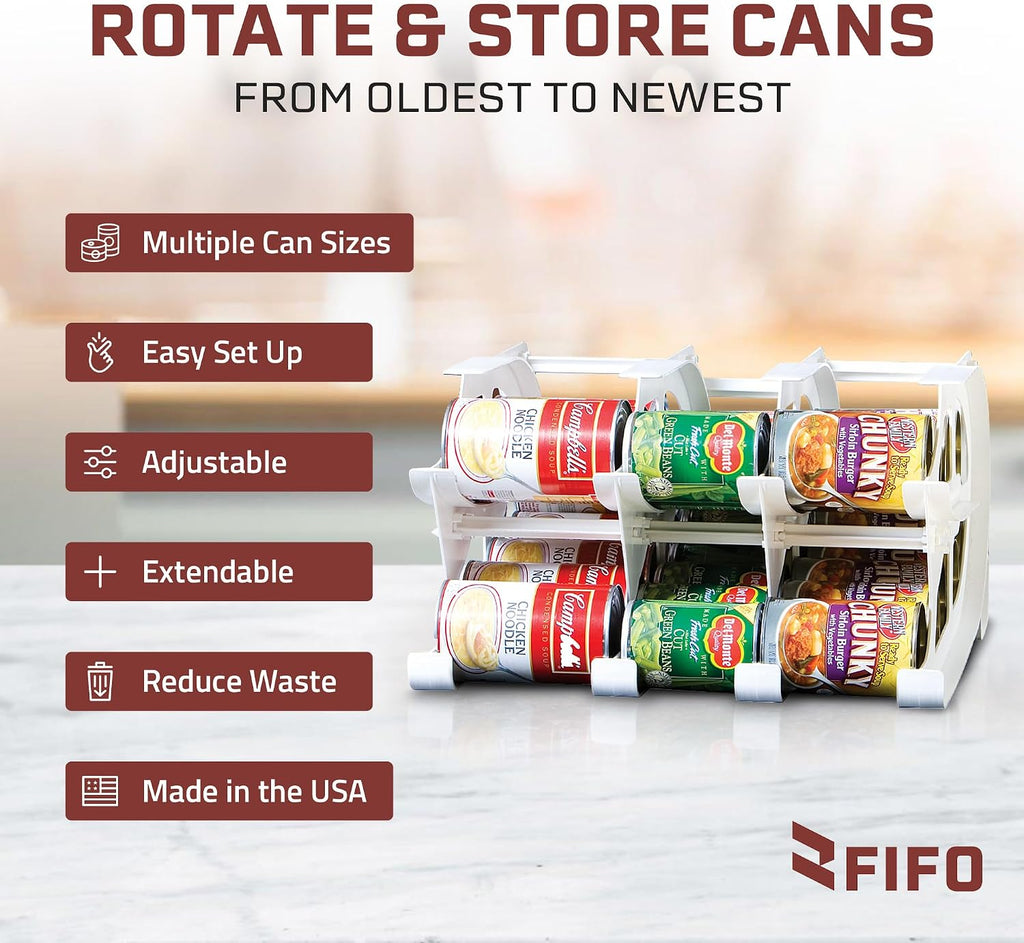 FIFO Countertop Mini Can Tracker Holds 30 Standard 10-24 Oz Can Sizes, White| Stackable & Adjustable Can Organizer for Pantry, USA Made, White