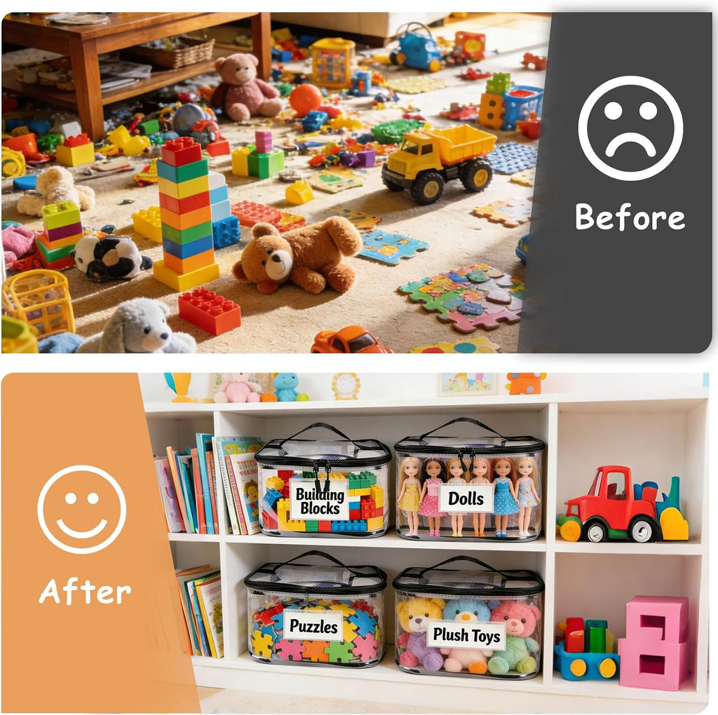 6 Pack Large Clear Toy Storage Bag with Name Tag, Waterproof PVC Toy Organizer Bags with Zipper & Manual Pocket, Toy Storage Organizer for Lego Bricks, Building Blocks, Board Games, Puzzles, Kid Books