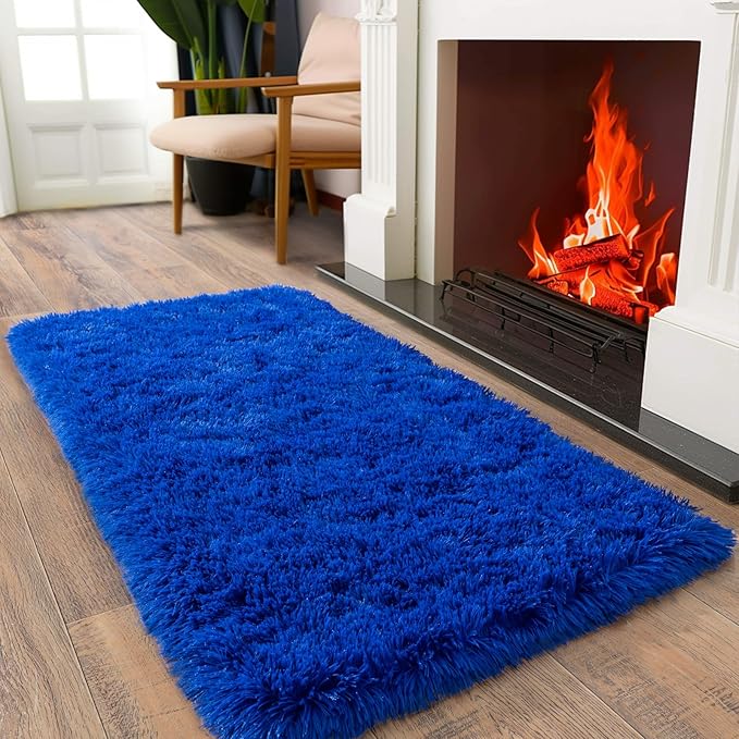 Soft Runner Rugs for Bedroom Hallways, 2x4 Royal Blue Fluffy Shag Throw Area - Image 3