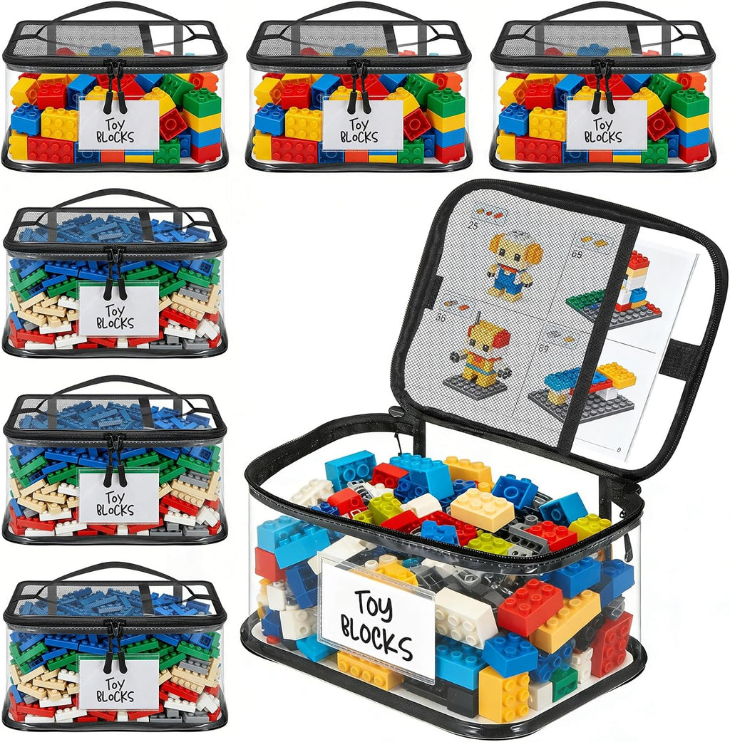 6 Mixed Pack Large Toy Storage Bags, Clear Toy Organizer with Labels