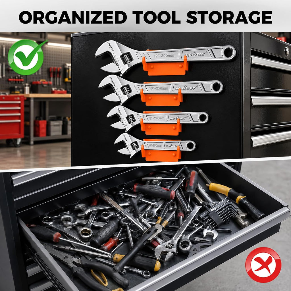 4-Piece Adjustable Wrench Set With 4 Magnetic Wrench Organizer Racks, 6" 8" 10" 12" Wide Jaw Metric & SAE Scales crescent wrench set, CR-V Steel for Home Repair, DIY & Auto Repair
