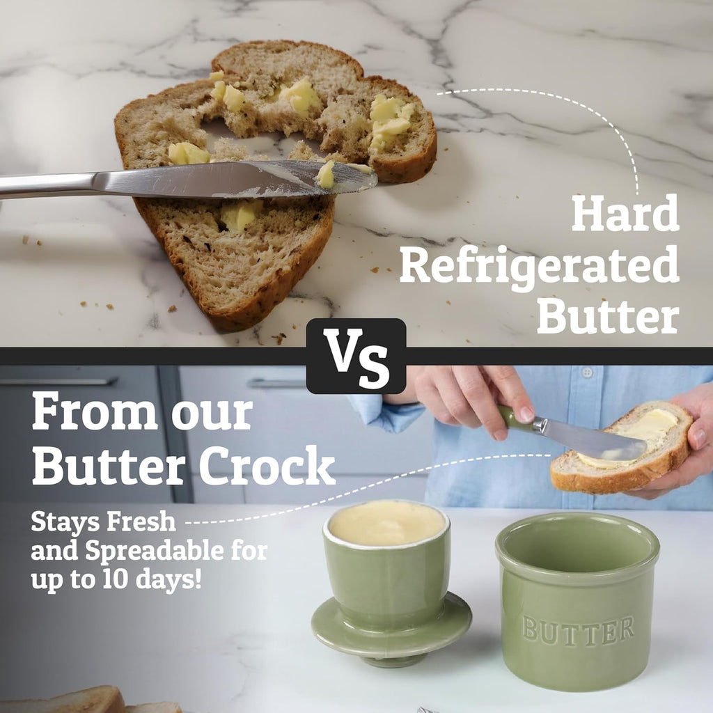 Priority Chef Butter Crock with Lid for Countertop with Spreader Knife and Water Line, Soft Spreadable Butter, Ceramic French Butter Dish with Lid, Sage