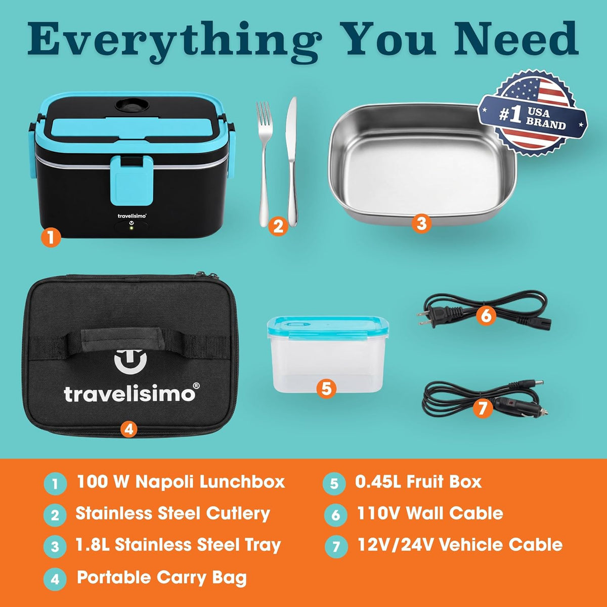TRAVELISIMO Extra-Large Electric Lunch Box For Adults Holds up to 8 Cups - 100W Heated Lunch Box For Men 1.8L, Portable Food Warmer for Travel & Work, Loncheras Electricas Para Calentar Almuerzo