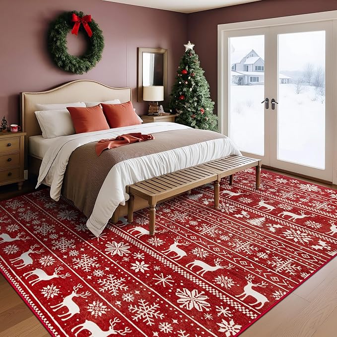 Christmas Rug 8x10 Washable Rugs, Boho Christmas Tree Snowflake Rug Non-Slip - Image 8