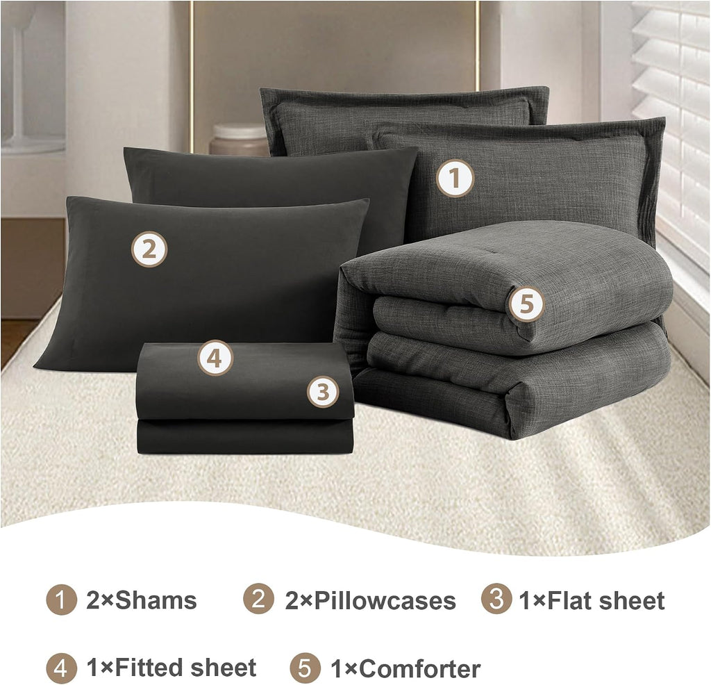 King Size Comforter Set- 7 Piece Gray King Bedding Set Solid Bed in a Bag