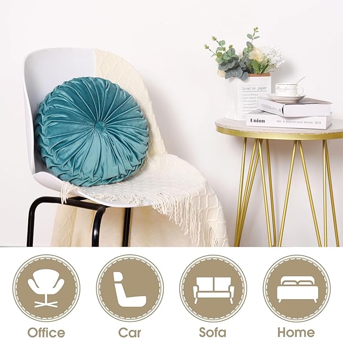 HIG Set of 2 Teal Ruched Velvet Round Throw Pillows – 14.5’’ Decorative Pillows - Image 4