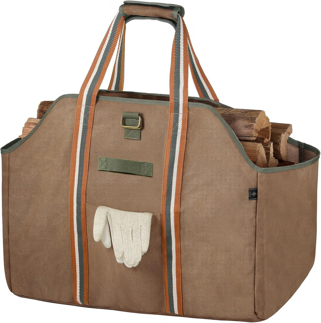 Firewood Carrier Bag Waxed Canvas Waterproof Extra Large Log Carrier Holder Freestanding Tote Bag for Firewood