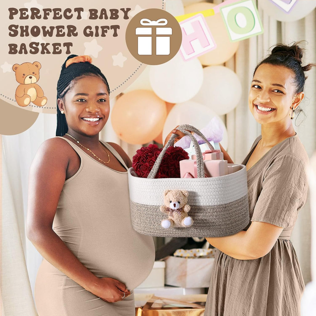 FoldTier Diaper Caddy Organizer Teddy Bear Basket for Nursery with Handle Baby Shower Storage Bin Portable Cotton Rope Gift Bag for Changing Table Cart Car Baby Wipes Newborn Essentials(Gray White)