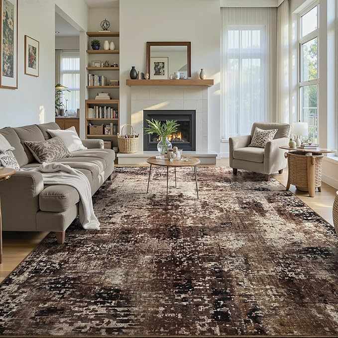 Ompaa Living Room Rug 6x9 Brown Area Rug Machine Washable Boho Coffee Rug Non - Image 4