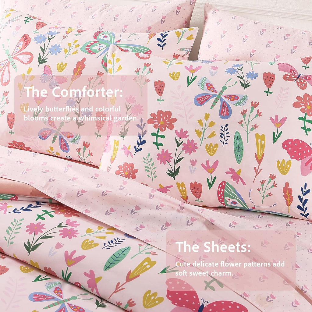 Twin Comforter Set for Girls - 5 Pieces Floral Pink Girls Twin Bedding Set