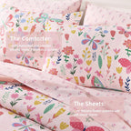 Twin Comforter Set for Girls - 5 Pieces Floral Pink Girls Twin Bedding Set