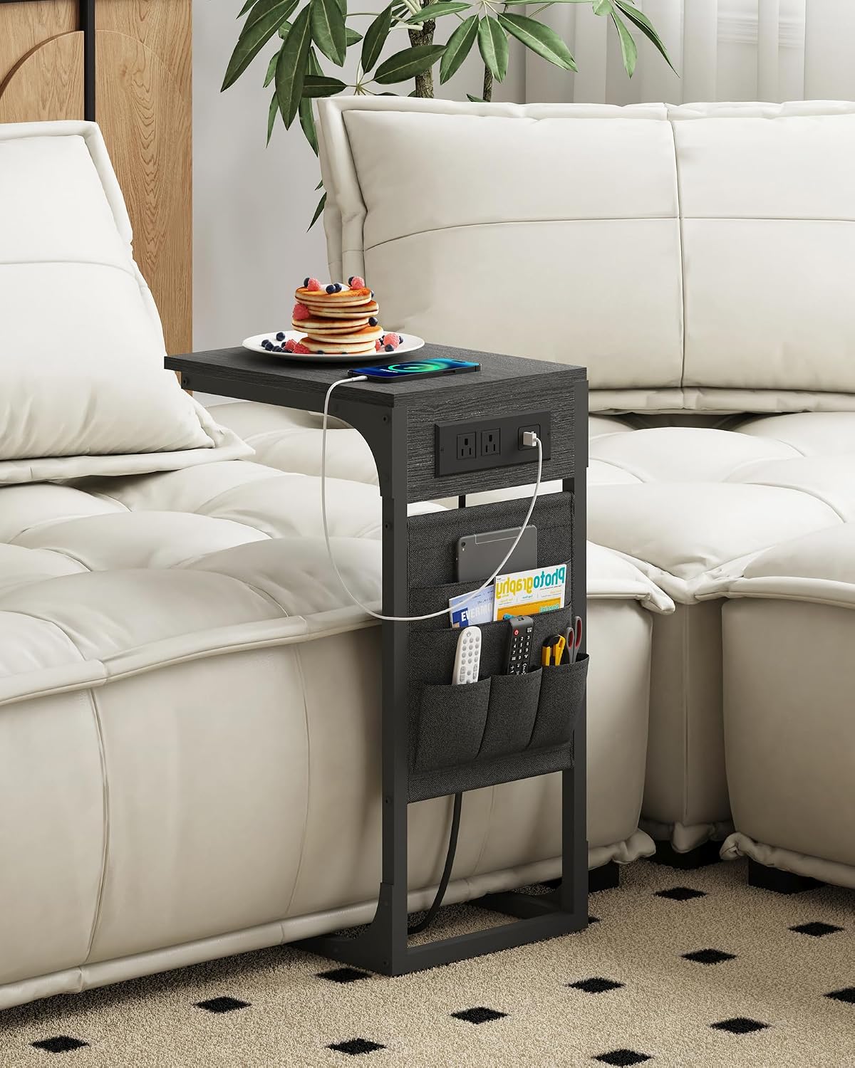 TUTOTAK C Shaped End Table with Charging Station, Side Table for Sofa