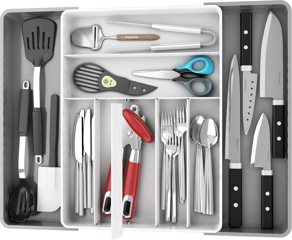 Simple Houseware Expandable Kitchen Drawer Flatware Organizer, Gray/White