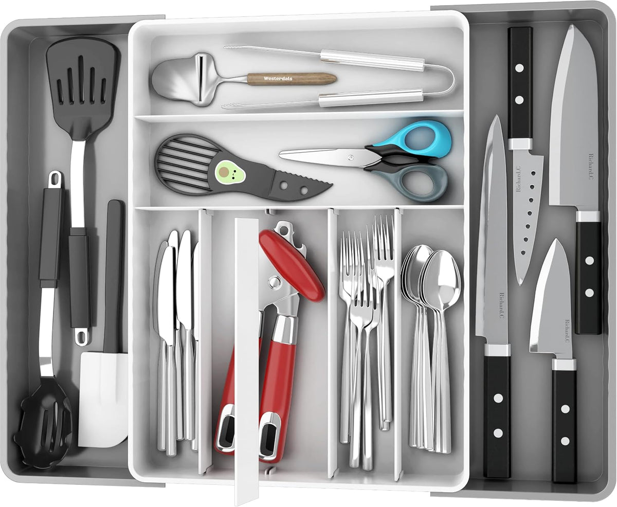 Simple Houseware Expandable Kitchen Drawer Flatware Organizer, Gray/White