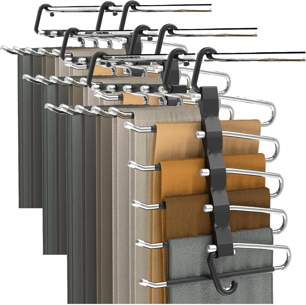 Pants Hangers Space Saving - 2 Pack Closet Organizer and Storage Jean Hangers, Stainless Steel Anti-Slip Clothes Hanger Scarf Holder for Pants Jeans Leggings Trousers Pant Rack, Black