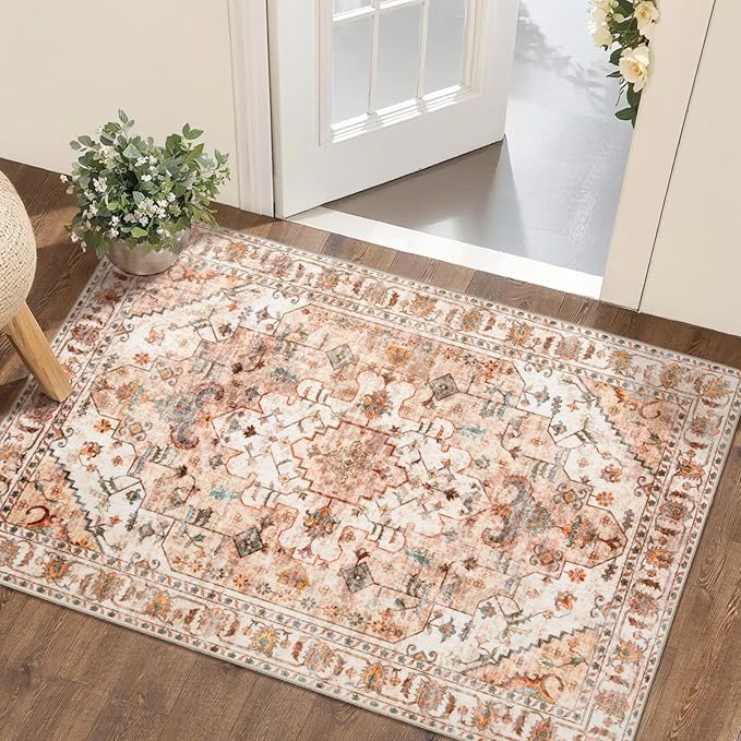 SERISSA Boho Rugs for Entryway, 2x3 Peach Cream Entryway Rug Non-Slip Washable by SERISSAHomeDecorCollection