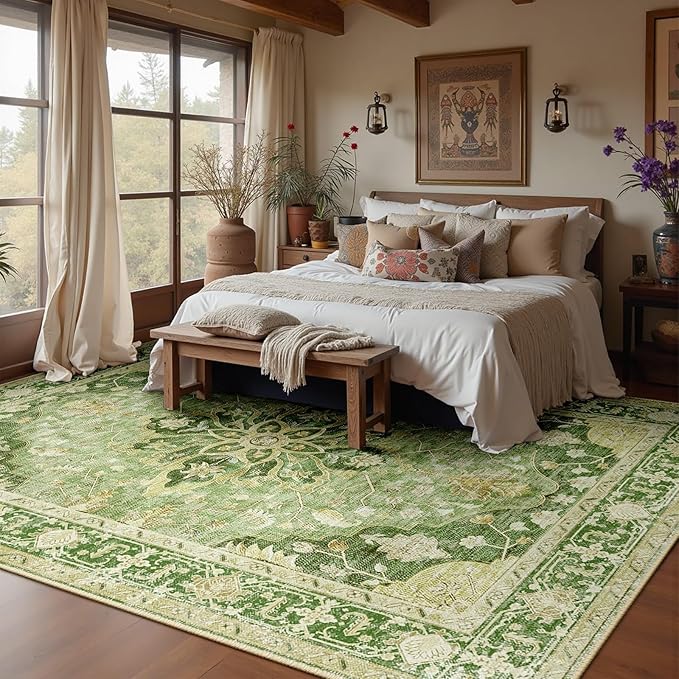 Area Rugs 10'x12' Washable Non-Slip, Floral Vintage Distress Print Pattern by RELEANY
