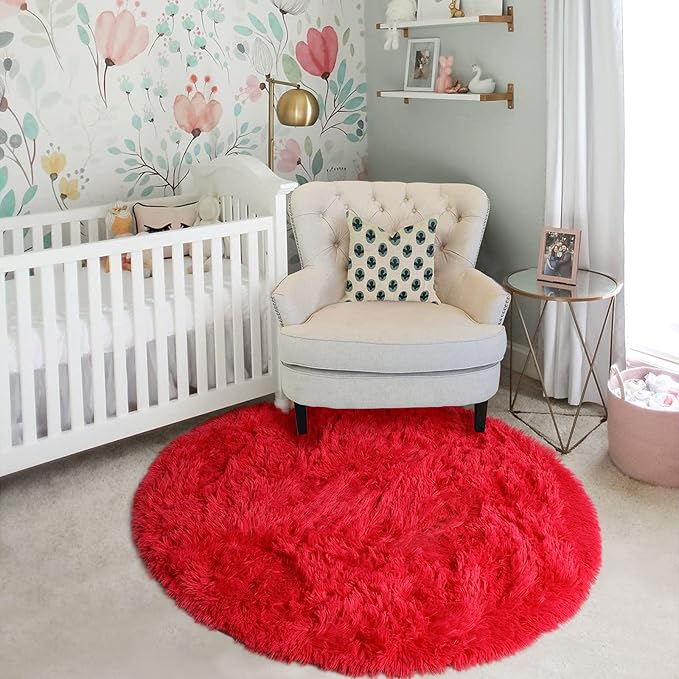 Red Circle Round Rug 7Ft for Living Room Bedroom, Large Fluffy Shag Area Rugs - Image 8