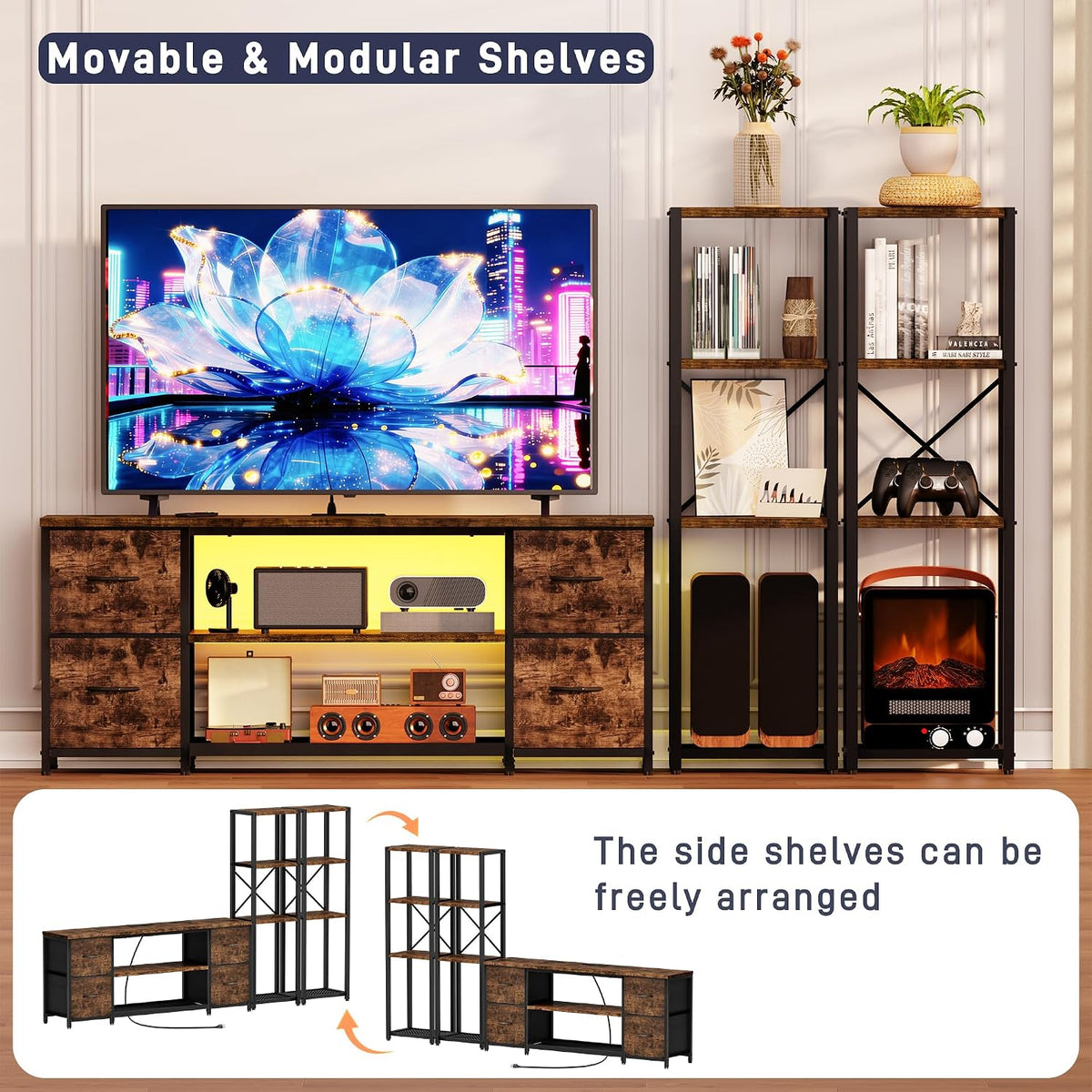 LED TV Stand Entertainment Center Bookshelf Combo with Charging Station