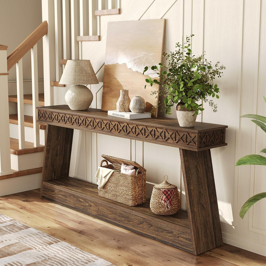 LITTLE TREE 70.87" Long Farmhouse Console Table, 2-Tier Shelf Narrow Accent Entryway Sofa Table for Living Room, Behind Couch, Hallway - Dark Brown