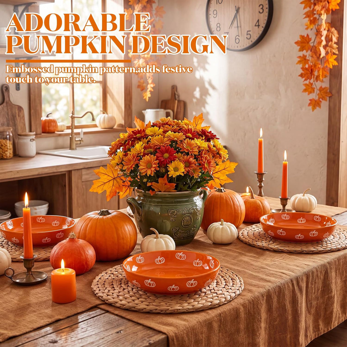 4 Pcs Thanksgiving Pumpkin Pasta Bowls 40 oz Ceramic Dinnerware Set