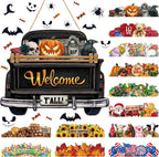 Ferraycle 13 Pcs Interchangeable Welcome Sign Halloween Seasonal Black Truck Decor Door Signs with 12 Holiday Icons Rustic Farmhouse Interchangeable Holiday Decor