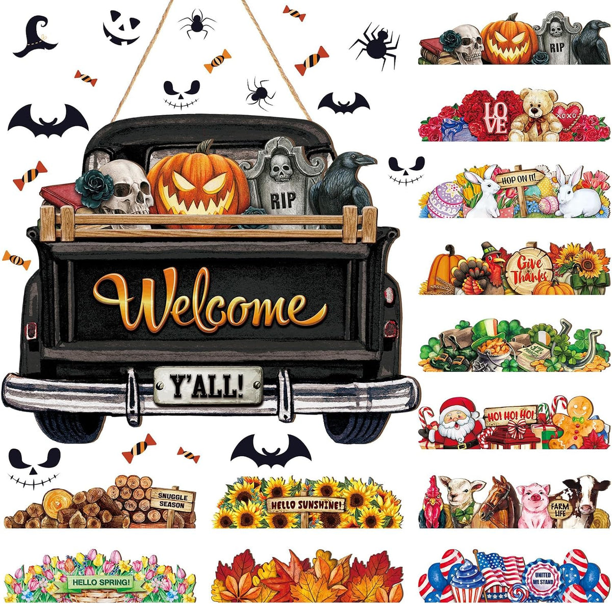 Ferraycle 13 Pcs Interchangeable Welcome Sign Halloween Seasonal Black Truck Decor Door Signs with 12 Holiday Icons Rustic Farmhouse Interchangeable Holiday Decor