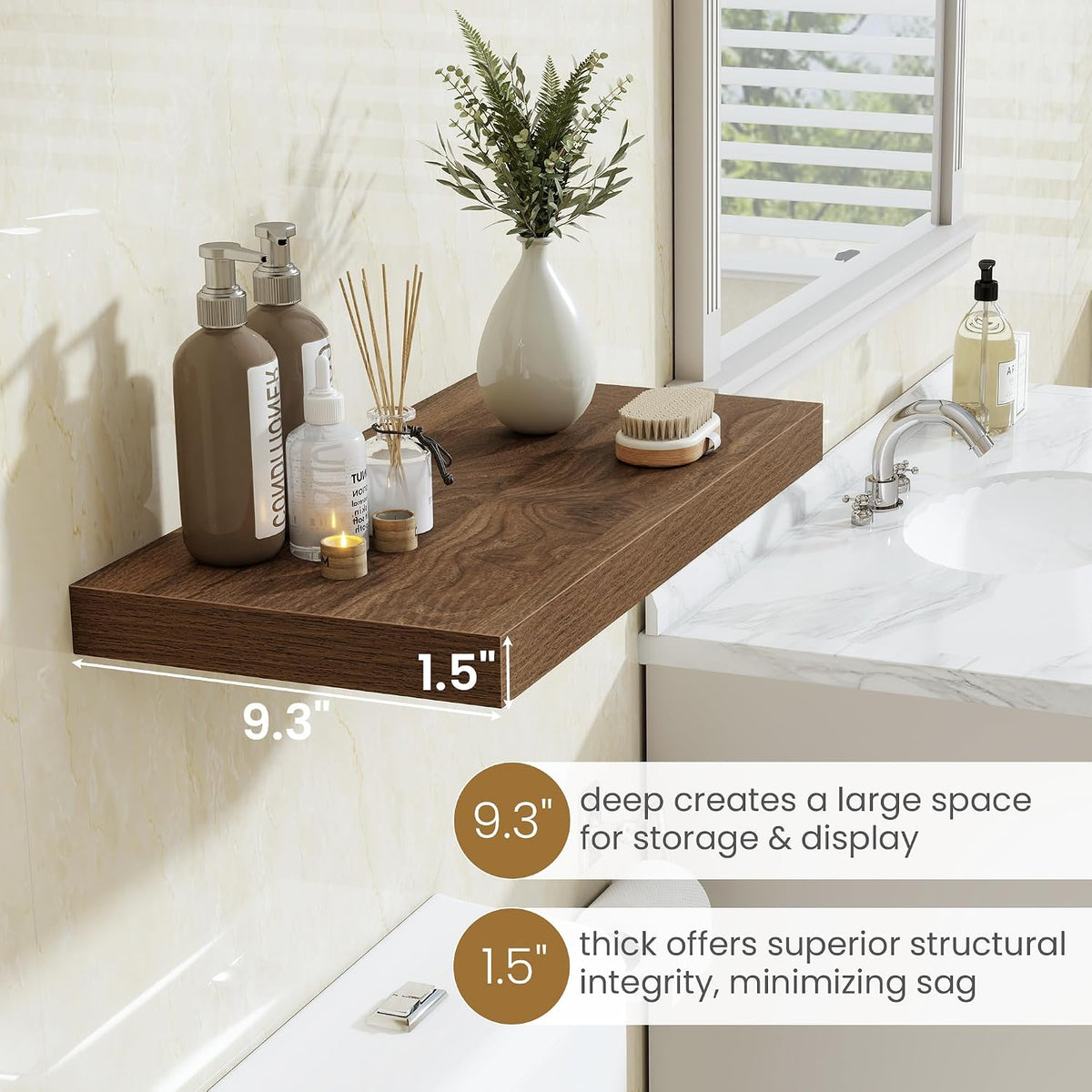Fun Memories Floating Shelves 24 Inch Long, 9.3 Inch Deep Floating Shelf for Lving Room, Bedoom, Kitchen, Deep Wall Shelves for Bathroom, 2 Pack Storage Display Shelf for Books, Decors, Walnut