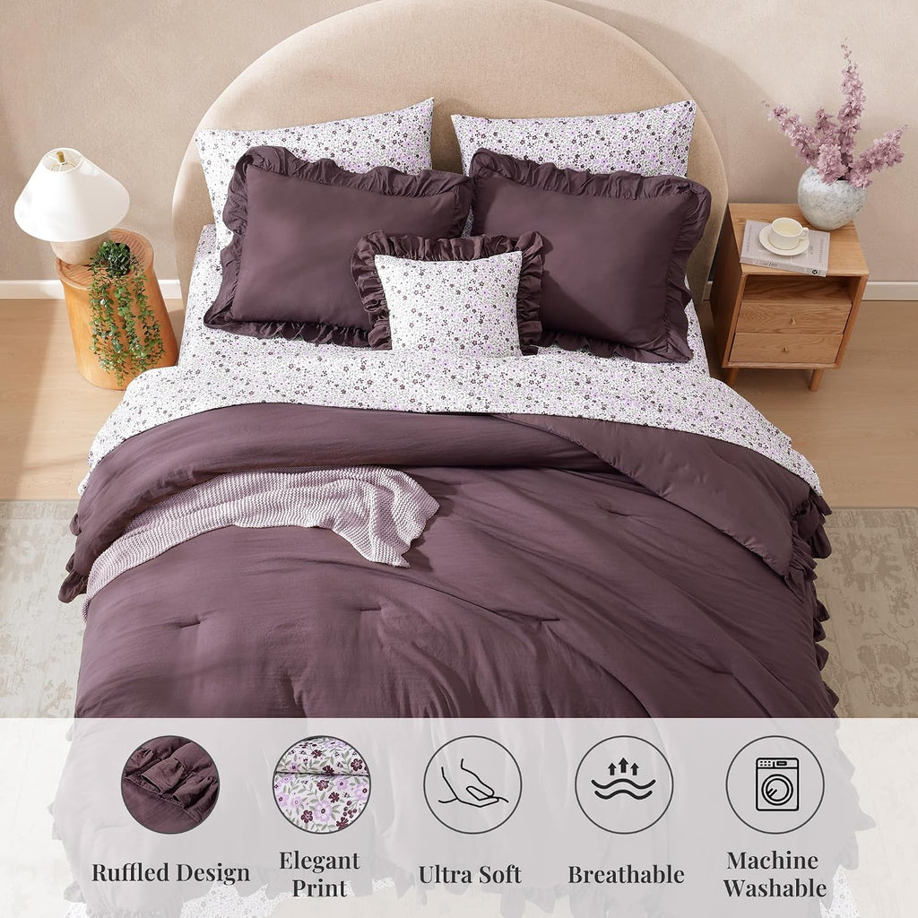BLOOMHAVEN Queen Comforter Set-7 Pieces Ruffle Bedding with Floral Sheet