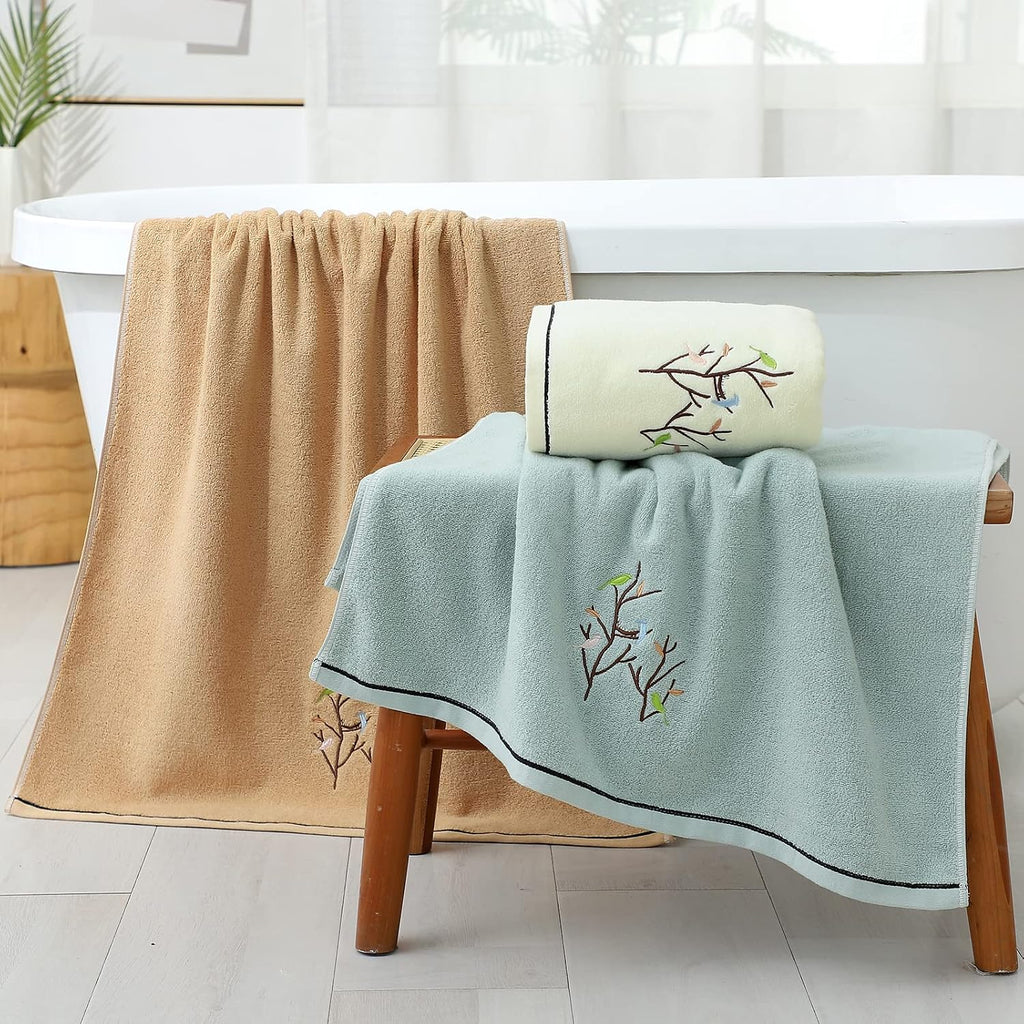 Embroidered Bird Tree Bath Towel for Bathroom,Light Yellow