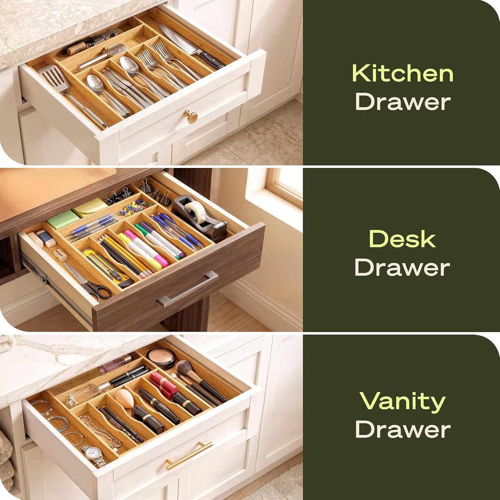 ROYAL CRAFT WOOD Luxury Bamboo Kitchen Drawer Organizer for Kitchen Organization - Silverware Organizer, Utensil Holder & Cutlery Tray Drawer Dividers for Flatware Silverware Storage, 9 Slot, Natural