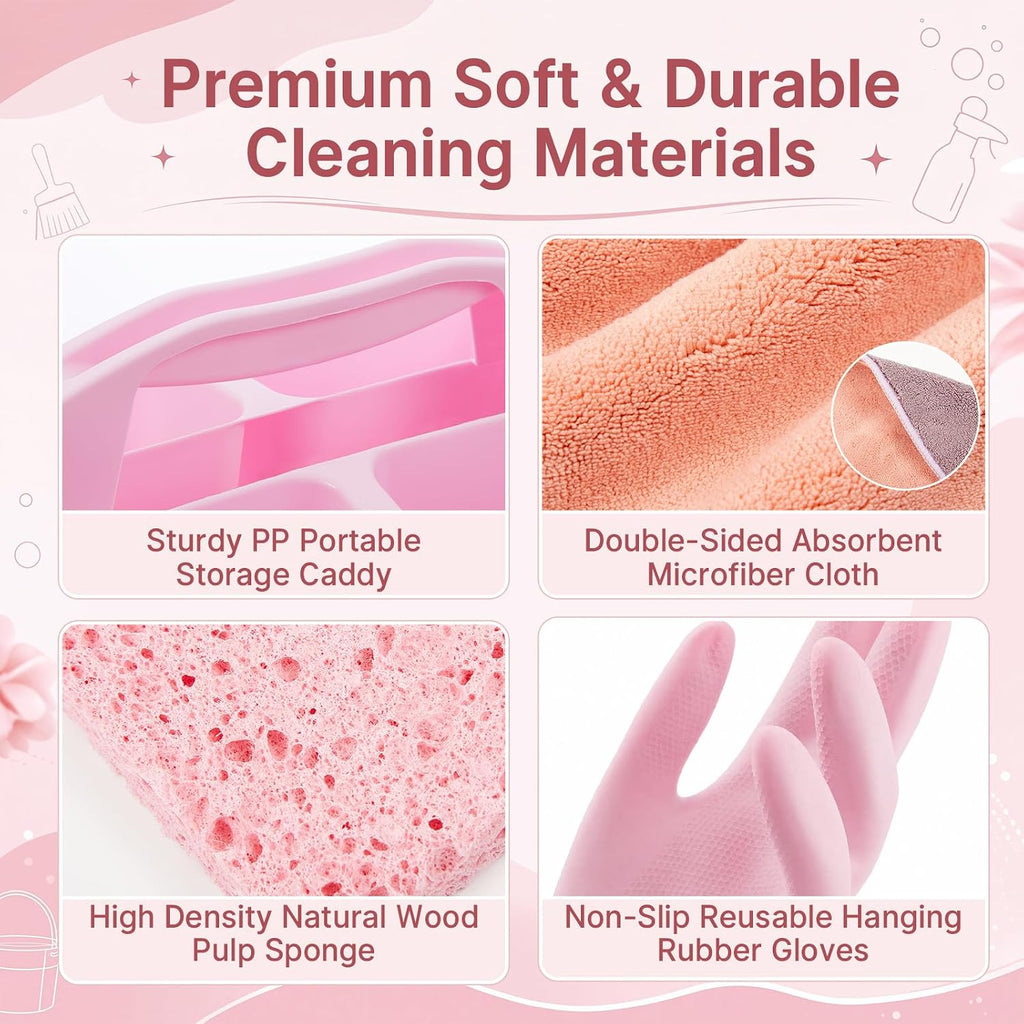 7 Pcs Cleaning Caddy Kit, Portable Divided Organizer, Pink