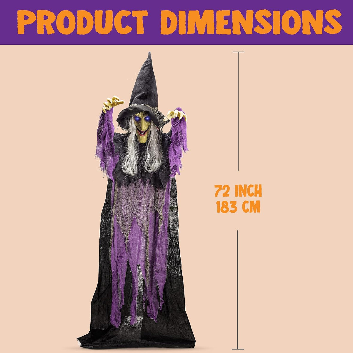 JOYIN 72” Halloween Hanging Witch Decorations Outdoor, Flying Talking Ghost Decor Light Up Eyes Sound Activated, Outside Indoor Haunted House Prop for Lawn Yard Garden, Purple