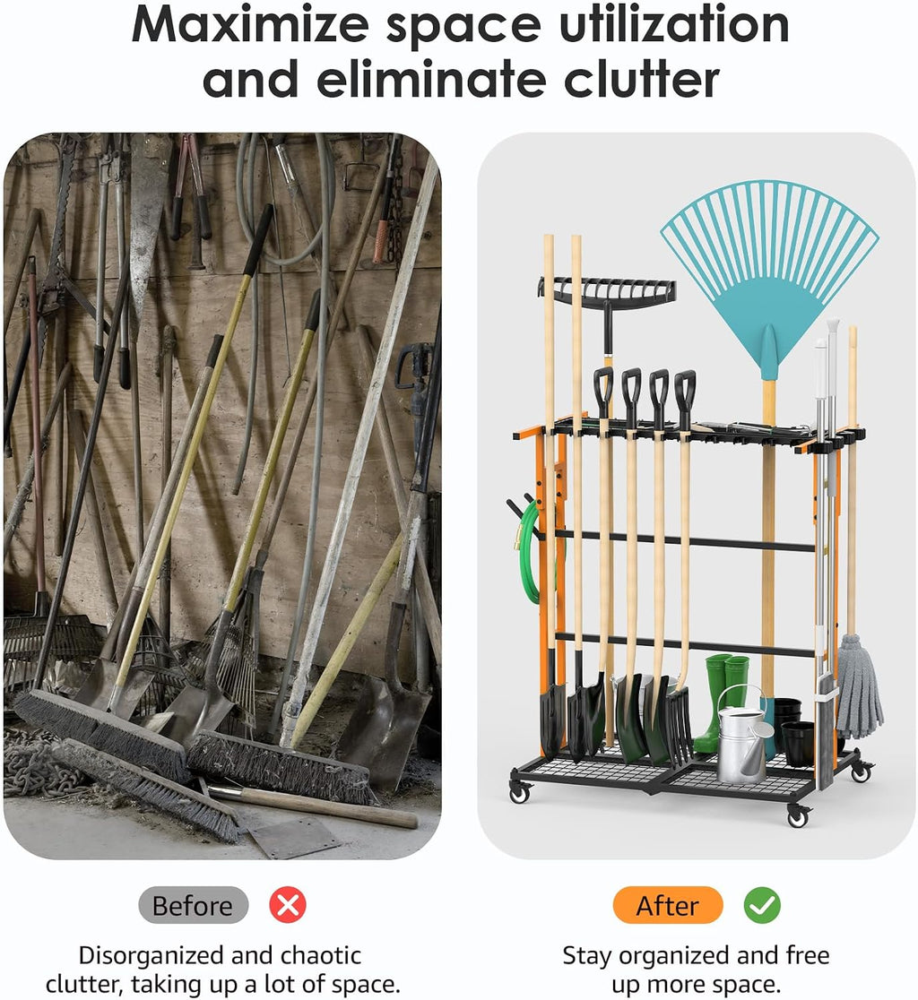 CCCEI Garage Organization with Wheels, Outdoor Gargen Yard Shed Tools Organizer Cart, Home Storage for Cleaning Supplies, Broom Holder, for Shovel and Rake, Long Farming and Farming Tools, Orange.
