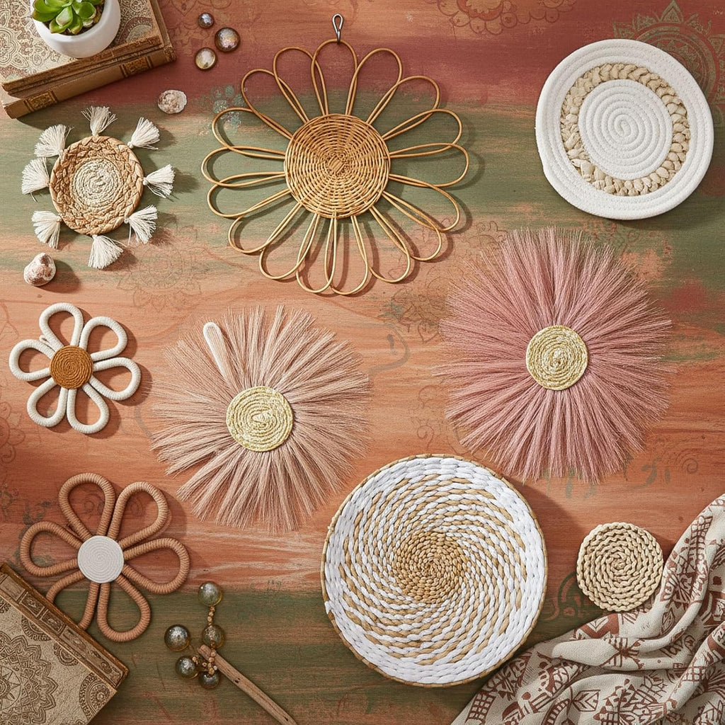 Chunful 9 Pcs Boho Nursery Wall Decor Daisy Flower Basket Decor, Pink Brown