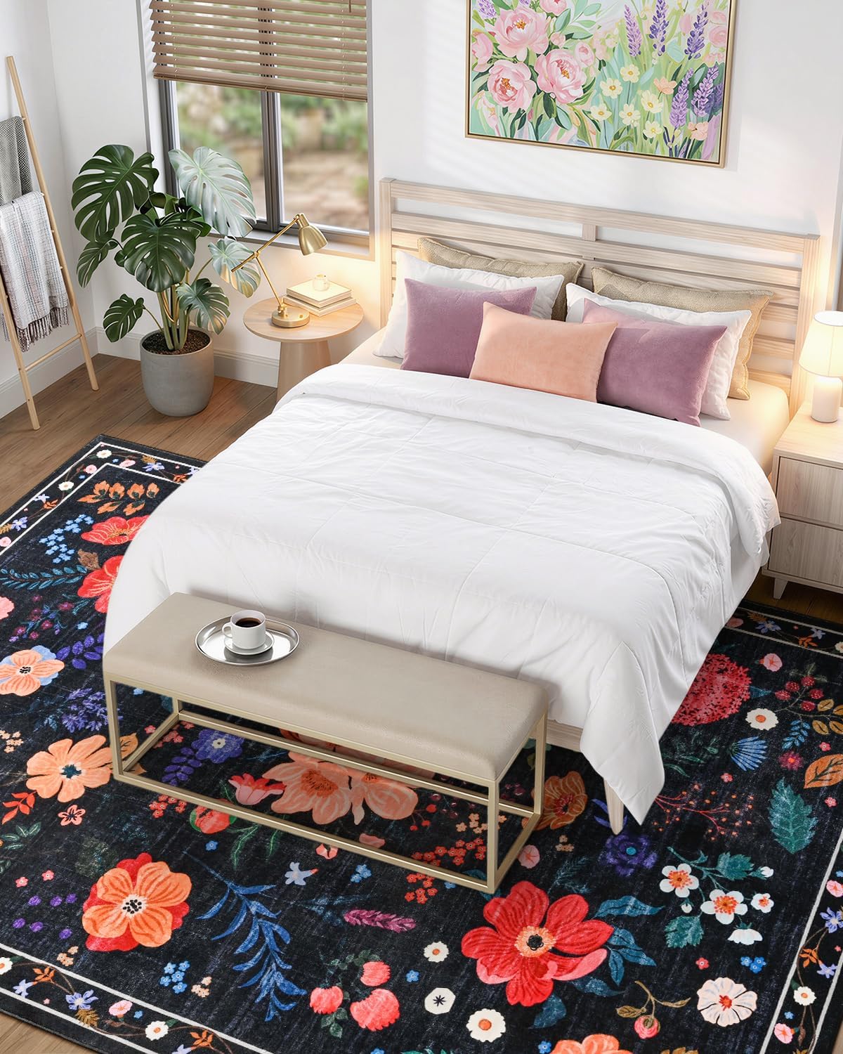 Macgace Floral Area Rug for Living Room, Machine Washable 5x7 Black Rugs
