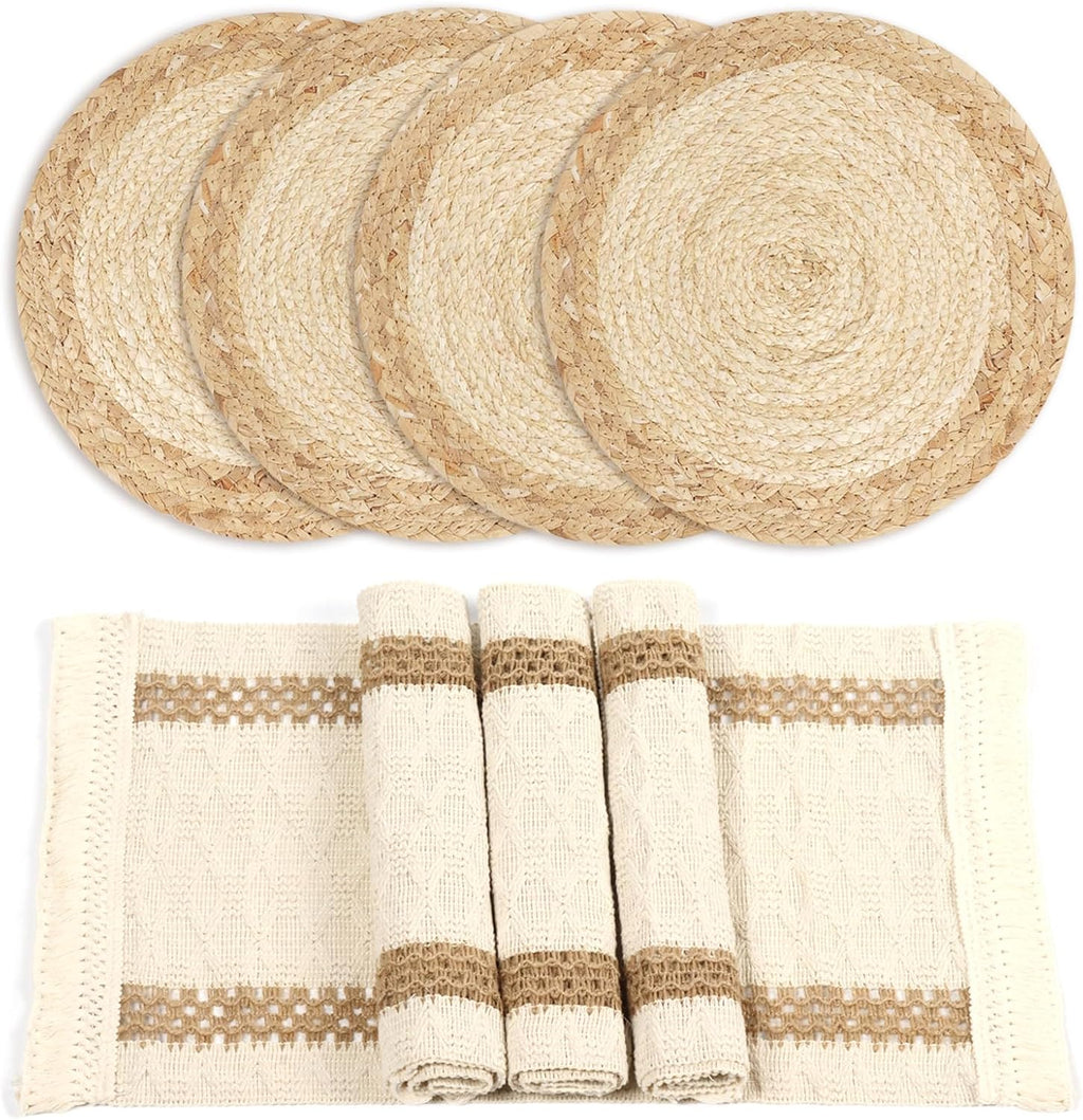 Boho Table Runner & 6-Piece Woven Placemats Set - Natural Cotton Burlap & Water Straw Combination, Bohemian Dining Decor for Kitchen & Parties