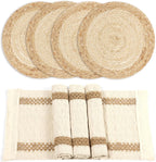 Boho Table Runner & 6-Piece Woven Placemats Set - Natural Cotton Burlap & Water Straw Combination, Bohemian Dining Decor for Kitchen & Parties