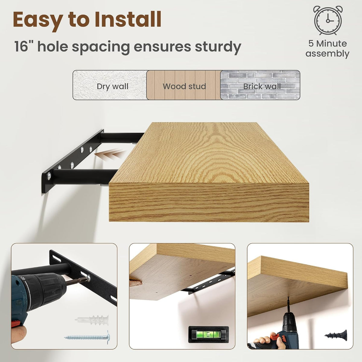 30 Inch Floating shelves for Wall, 8 Inch Deep, Invisible Brackets, Oak