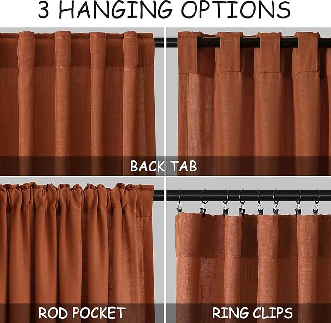 Nanspring Terracotta Linen Curtains 84 Inches Long 2 Panel Set Back Tab Boho - Image 2