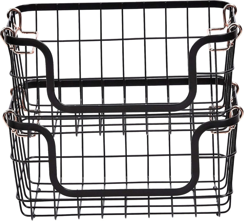 Amazon Basics Stackable Metal Wire Rectangular Storage Baskets for Kitchen, Bathroom or Pantry Organizing, 2 Count, Black