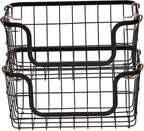 Amazon Basics Stackable Metal Wire Rectangular Storage Baskets for Kitchen, Bathroom or Pantry Organizing, 2 Count, Black