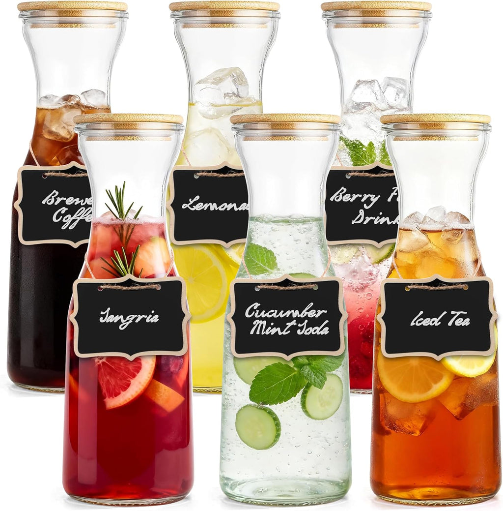 Glass Carafe with Bamboo Lid, Round 35 Oz Beverage Dispensers Carafe, Mimosa Bar Supplies, Round Clear Glass Pitcher with Name Labels for Iced Tea, Coffee, Juice(Set of 4)