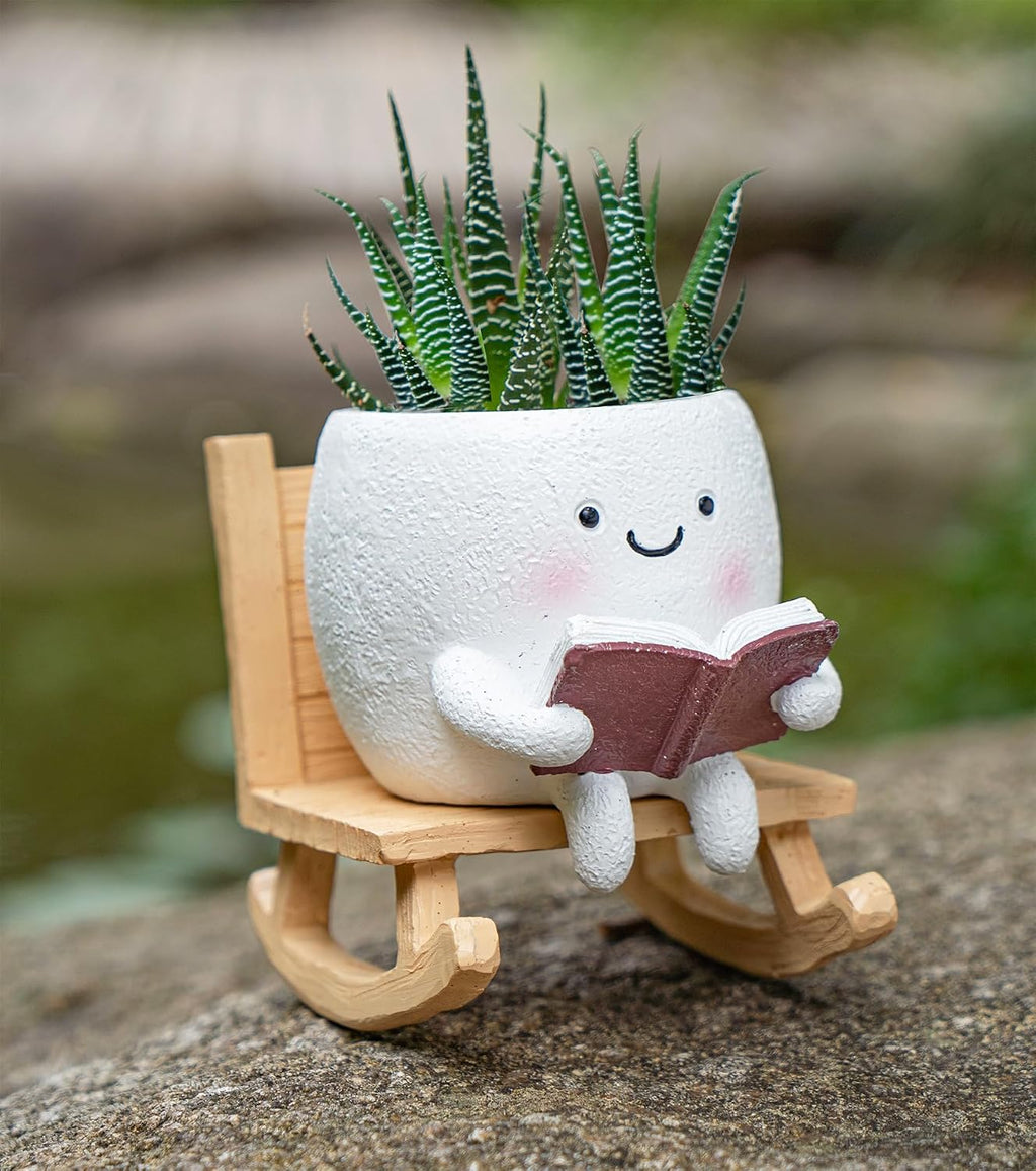 Rocking Chair Smiley Face Planter,Cute Plant Pots for Indoor Outdoor Plants,Succulent Pots with Drainage Hole,Unique Funny Flower Pot for Succulents,Plant Gifts for Mother's Day, Birthday, Christmas