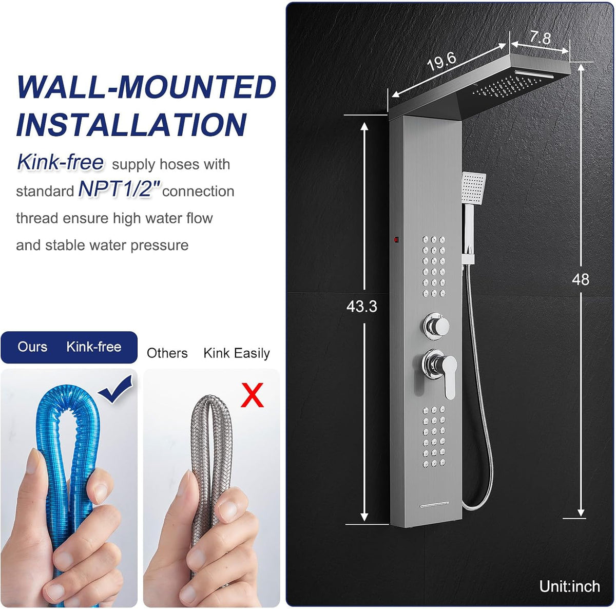 ROVATE 5 in 1 Shower Panel Tower System with LED Lights, Brushed