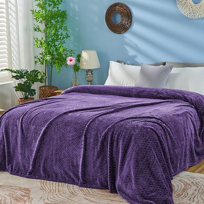 inhand Purple Fleece Twin Blanket, Super Soft Flannel Leaves Pattern Fuzzy - Image 5