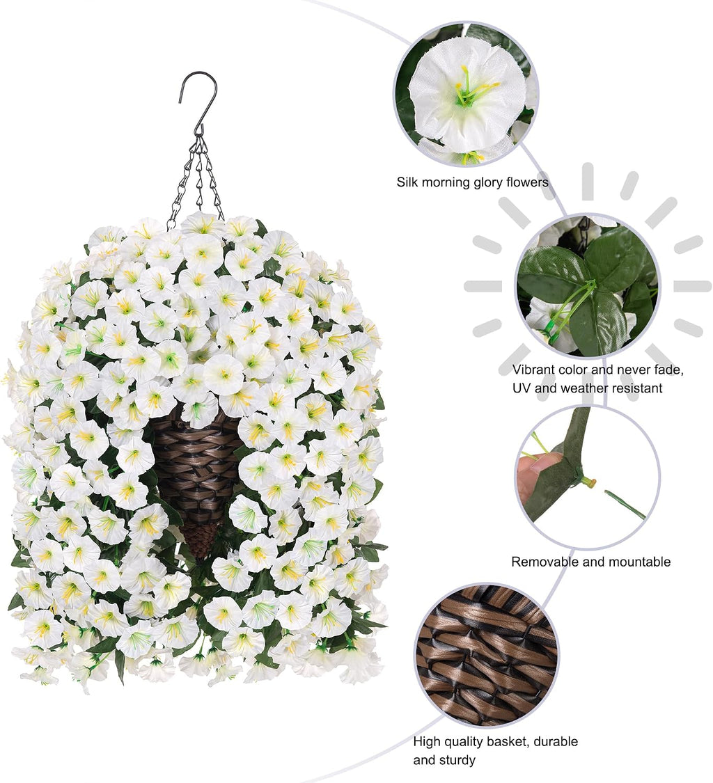HyeFlora Artificial Faux Hanging White Flowers Plants Basket for Outdoor Outside Decor, 4 PCS Fake UV Resistant Realistic Morning Glory Flowers for Porch Home Balcony Yard Patio Decoration