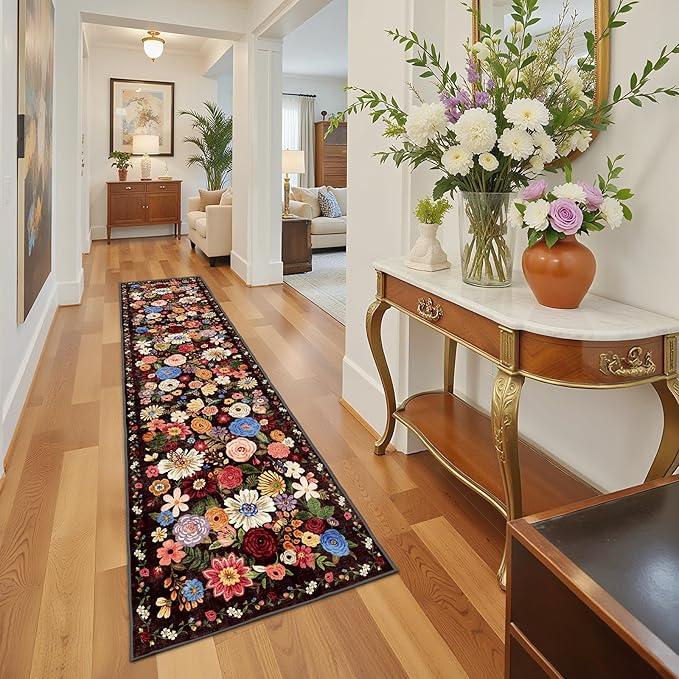 Floral Hallway Runner Black/Brown Carpet Non-Slip, 2x10 Washable Rug Ultra-Thin - Image 3